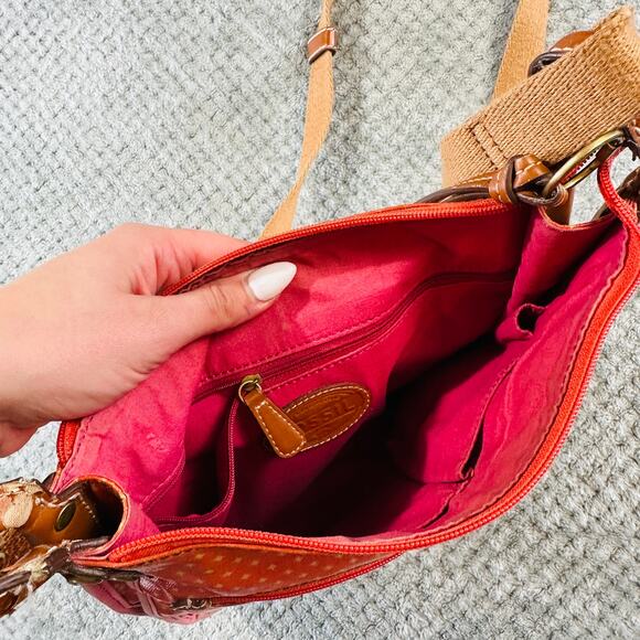 VINTAGE FOSSIL KEY PER NYLON CANVAS COATED ORANGE CROSSBODY TOTE BAG PURSE - Picture 5 of 5